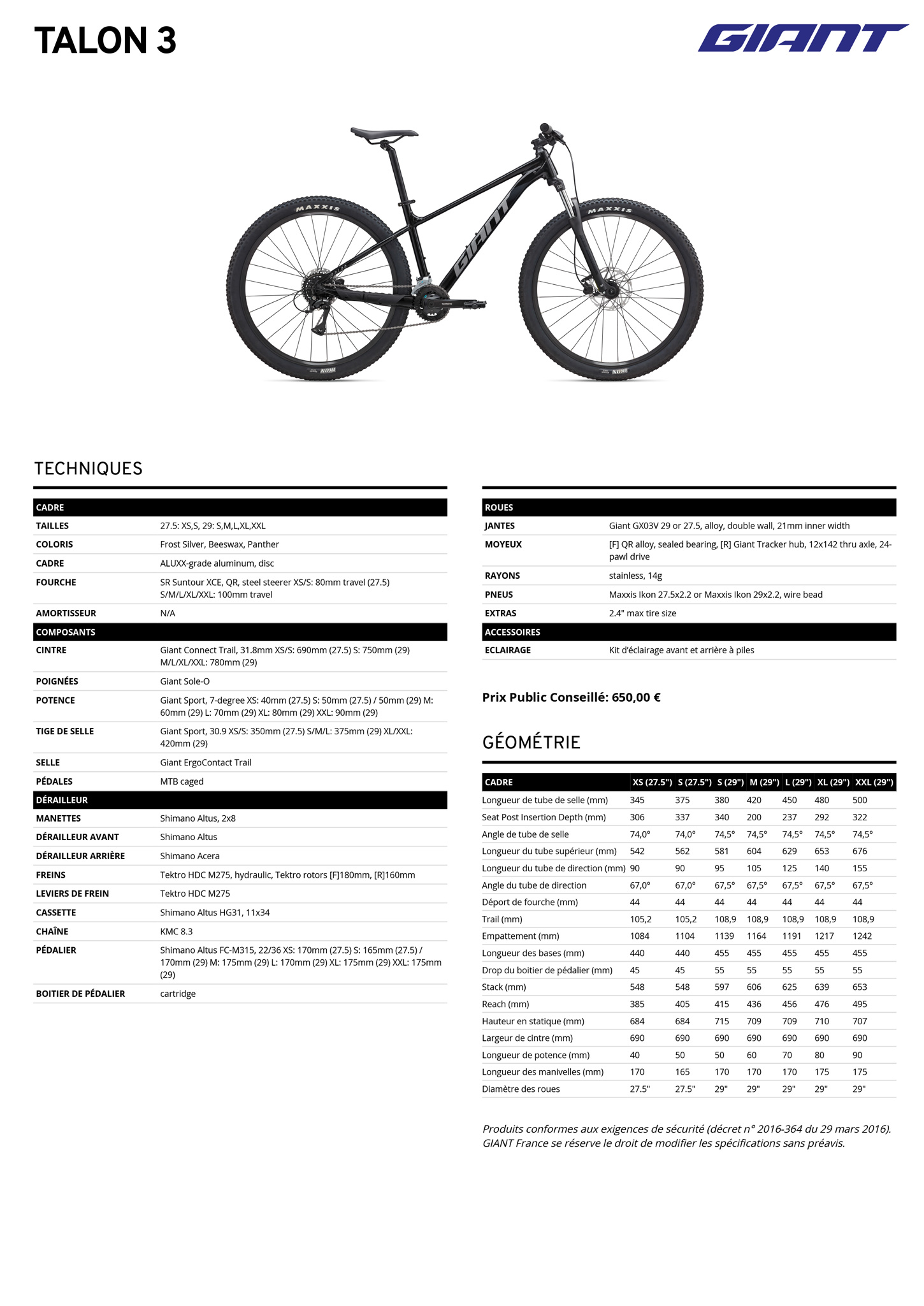 Fiche technique du velo Talon 3 année 2025